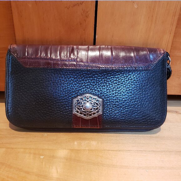 BRIGHTON Wallet Clutch Black Brown ZIP AROUND Credit Card Bill ID ORGANIZER EUC - Picture 1 of 7